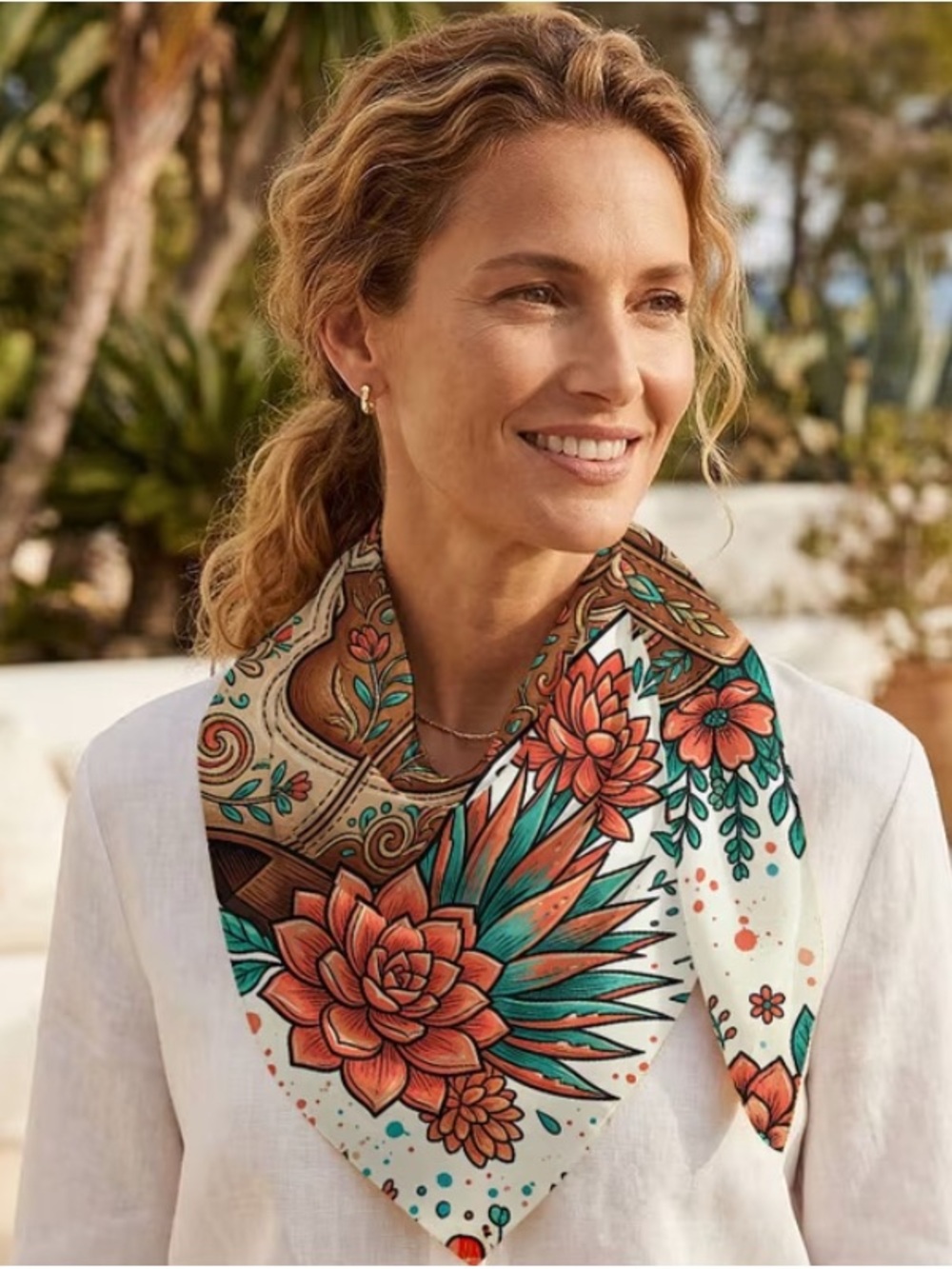 Floral Printed Cotton-Blend Neck Scarf in Teal & Coral